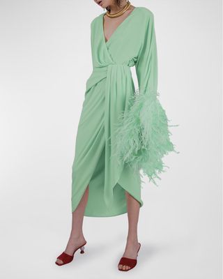 Donna Sequin Draped Wrap Gown w/ Feather Trim