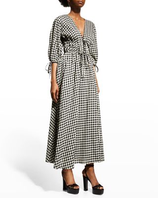 Donrine Plaid Puff-Sleeve Maxi Dress