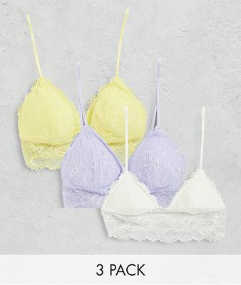 Dorina Leah lightly padded longline lace triangle bralet 3 pack in lilac, white & lemon-Multi