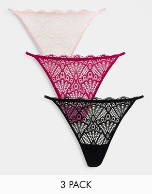 Dorina Leia 3 pack lace string thong in black, fuchsia and pink-Multi