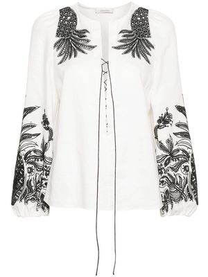 Dorothee Schumacher pineapple embroidery lace-up linen blouse - White