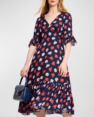 dotty floral-print bell-sleeve midi dress