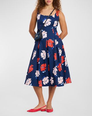 dotty pleated floral-print midi dress