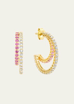 Double 4-Prong Diamond and Pink Sapphire Hoop Earrings