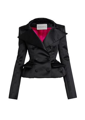 Double-Breasted Satin Peplum Blazer