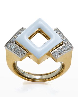 Double Diamond White Enamel Gold and Platinum Ring, Size 6.5
