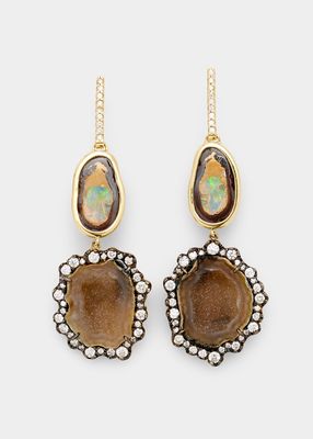 Double Drop Earrings with Light Geodes, Yowah Opals and Diamonds