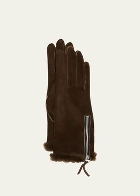 Double-Faced Suede & Shearling Zip Gloves