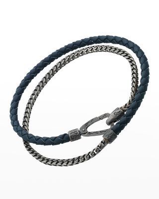 Double Mix Blue Woven Leather and Oxidized Silver Chain Bracelet