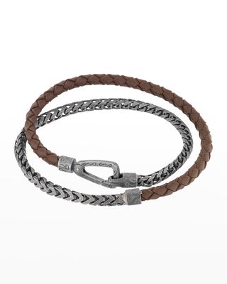 Double Mix Brown Woven Leather and Oxidized Silver Chain Bracelet