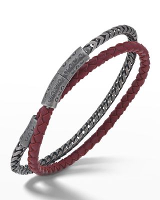 Double Mix Red Woven Leather and Oxidized Silver Chain Bracelet