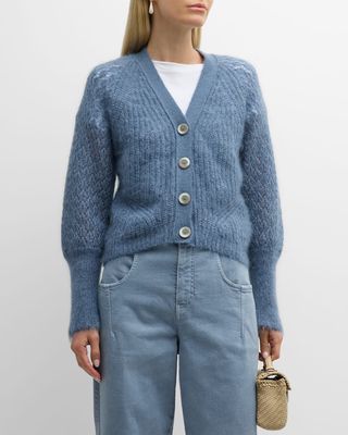Double Open-Stitch Puff-Sleeve Cardigan