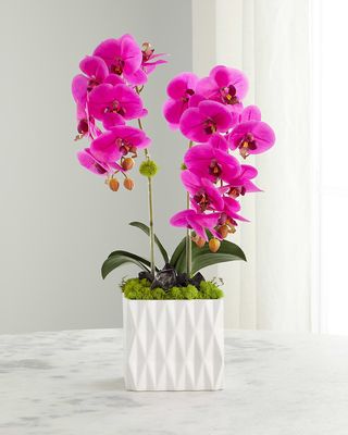 Double Orchid Quartz Faux Floral Arrangement in White Ceramic Vase