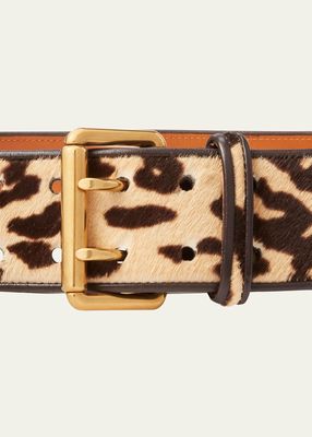 Double-Prong Leopard Print Leather Belt