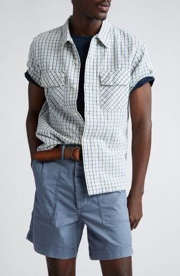 Double RL Check Short Sleeve Cotton & Linen Button-Up Shirt in Indigo/Creme 