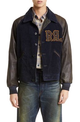 Double RL Logo Leather Sleeve Corduroy Varsity Jacket in Black/Deep Navy
