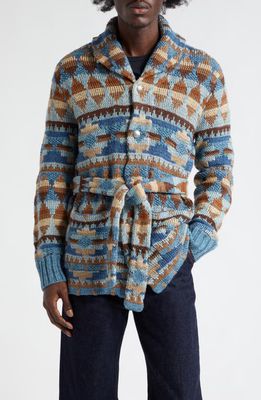 Double RL Ranch Linen Blend Belted Cardigan in Blue Multi