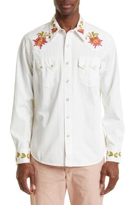 Double RL Sawtooth Slim Fit Embroidered Denim Western Shirt in Embroidered White Wash