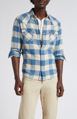 Double RL Slim Fit Buffalo Plaid Cotton & Linen Twill Western Snap-Up Shirt in Rl 158 Indigo Cream