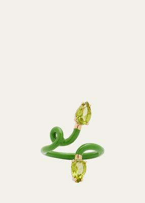 Double Vine Tendril Ring with Green Enamel and Drop-Cut Peridot