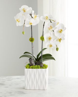 Double White Orchid Quartz Faux Floral Arrangement with White Ceramic Vase