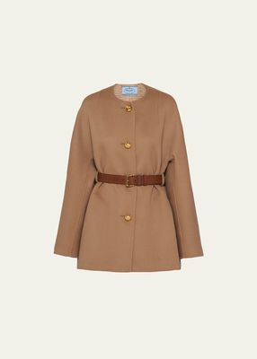 Double Wool Leather Belted Caban Jacket