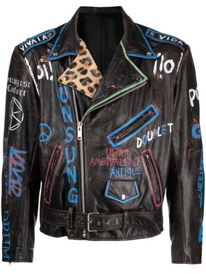 Doublet graffiti-print leather biker jacket - Brown