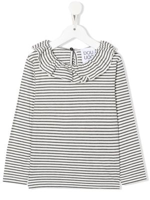 Douuod Kids stripe-ruffle ruffle-collar T-shirt - White