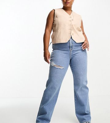 Dr Denim Plus Moxy straight sky-high jeans with thigh rip in mid blue