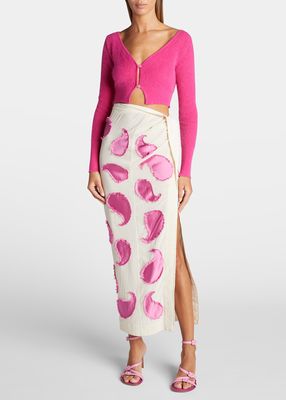 Draggiu Satin-Paisley Thigh-Slit Maxi Skirt