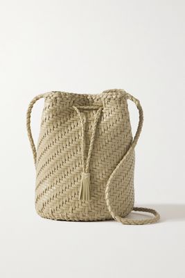 Dragon Diffusion - Pompom Double Jump Woven Leather Bucket Bag - Cream