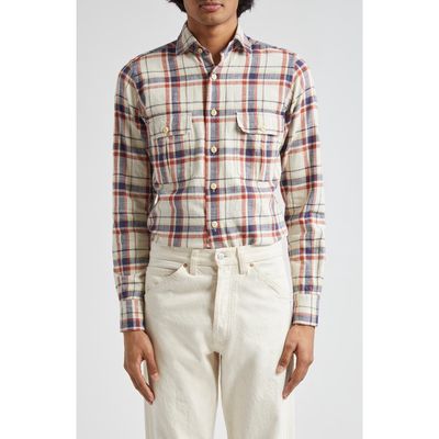 Drake's Check Slub Cotton Button-Up Work Shirt in Ecru Navy And Red 