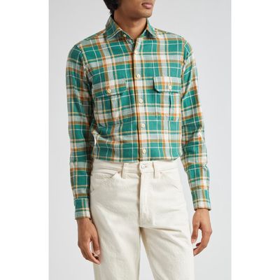 Drake's Check Slub Cotton Work Shirt in Green And Yellow 