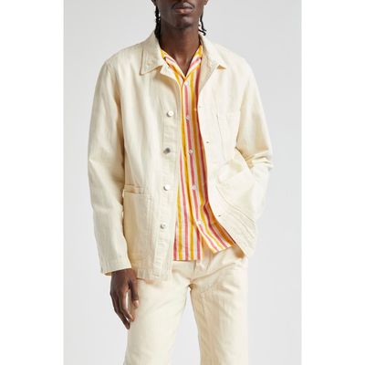 Drake's Fatigue Embroidered Cotton & Linen Chore Jacket in Ecru 