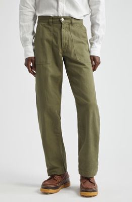 Drake's Herringbone Stripe Cotton & Linen Fatigue Pants in Olive 