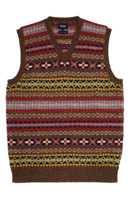 Drake's Men's Fair Isle V-Neck Wool Sweater Vest in Tan
