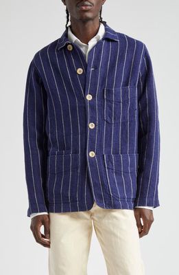 Drake's Pinstripe Linen Chore Jacket in Navy And White 