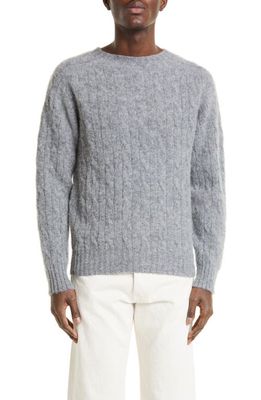 Drake's Shetland Cable Knit Wool Crewneck Sweater in Grey