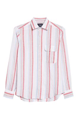 Drake's Stripe Linen Button-Up Shirt in Ecru /Red/Blue