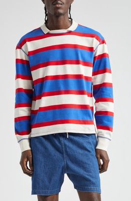 Drake's Stripe Long Sleeve Rugby T-Shirt in Navy White And Red