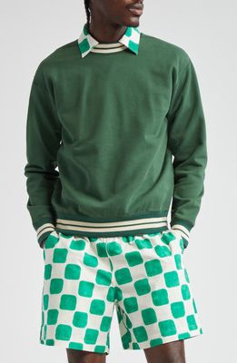 Drake's Stripe Trim Cotton Sweatshirt in Green And Ecru 