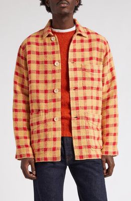 Drake's Tablecloth Check Five Pocket Linen Blend Chore Jacket in Red /Beige