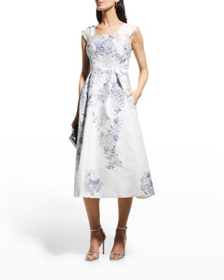 Drape Cap-Sleeve Jacquard Midi Dress