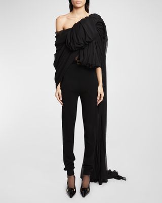 Draped Bow-Front One-Shoulder Silk Top