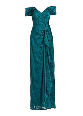 Draped Burn-Out Silk Off-The-Shoulder Gown