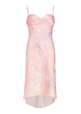 Draped Bustier Abstract Silk Midi-Dress