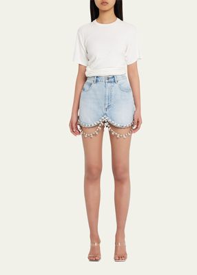 Draped Crystal-Embellished Denim Mini Skirt