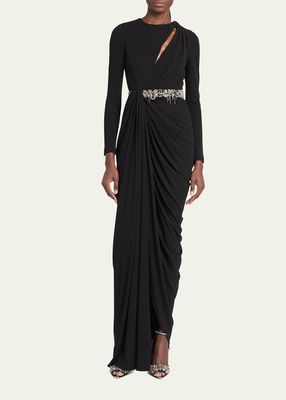 Draped Cutout Gown with Embellished Belted Waist