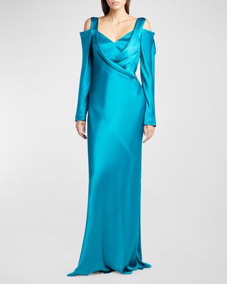 Draped Long-Sleeve Bow Cold-Shoulder Satin Gown