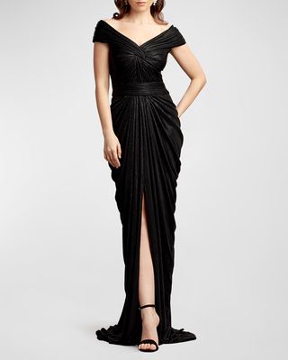 Draped Off-Shoulder Metallic Jersey Gown